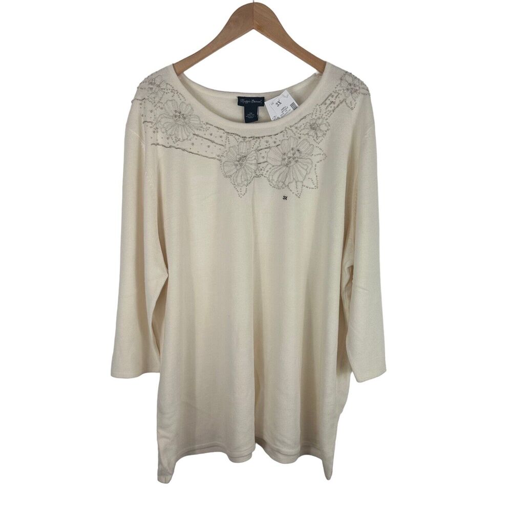 Maggie Barnes Tunic Sweater Womens 3X Ivory‎ Floral Beaded Bling New 3/4 Sleeve